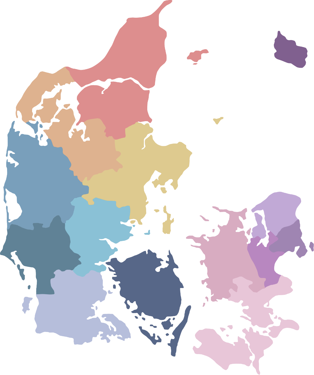 Danmarkskort opdelt i MinBy™'s 14 regionale områder